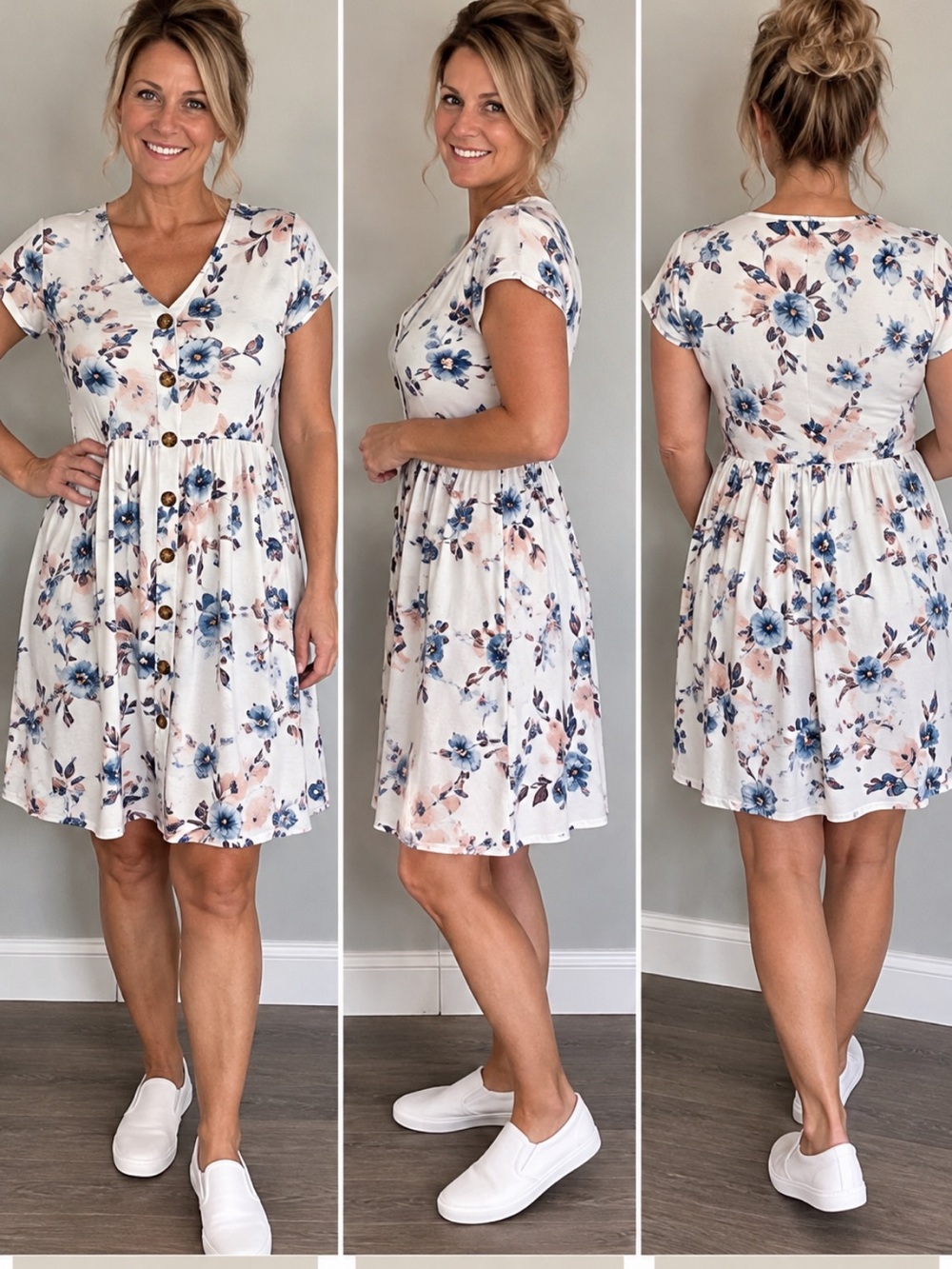 Fantaslook Women’s Medium Floral Dress Faux Button Front V Neck Short Sleeve
